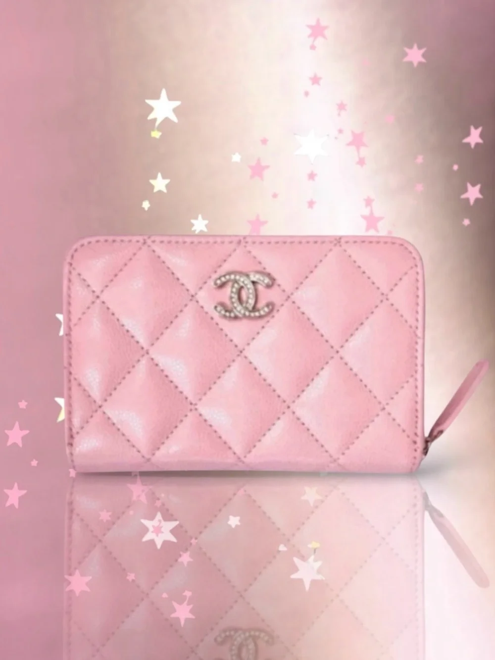 🆕💗CHANEL Grained Calfskin (CAVIAR) Zipped Coin Purse Strass CC Logo GHW • PINK